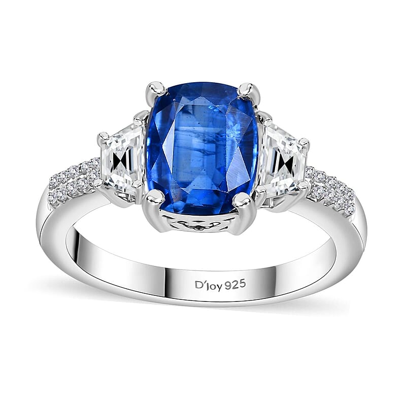 Kashmir Kyanite and White Zircon 3.40 ctw Ring in Rhodium Over Sterling Silver (Size 10.0)