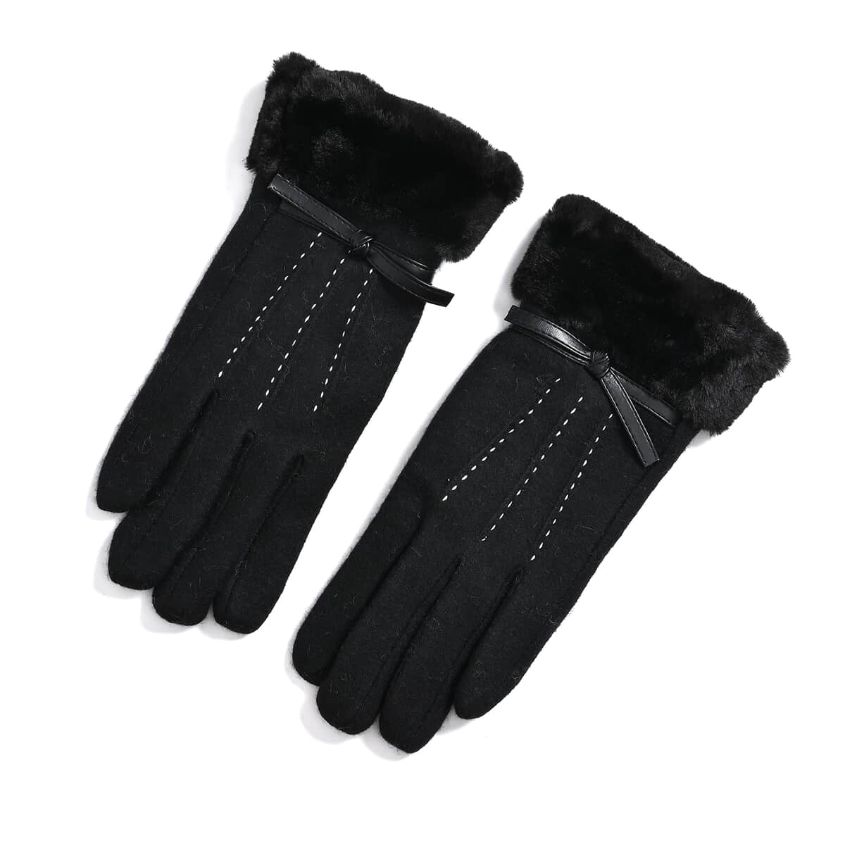 Black 70% Wool and 30% Polyster Winter Gloves with Faux Fur and Touch Screen Function image number 0