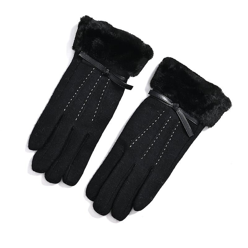 Black Cashmere Blend Gloves with Bow Detail, Fur Cuffs, and Touch Screen Function – One Size Fits Most