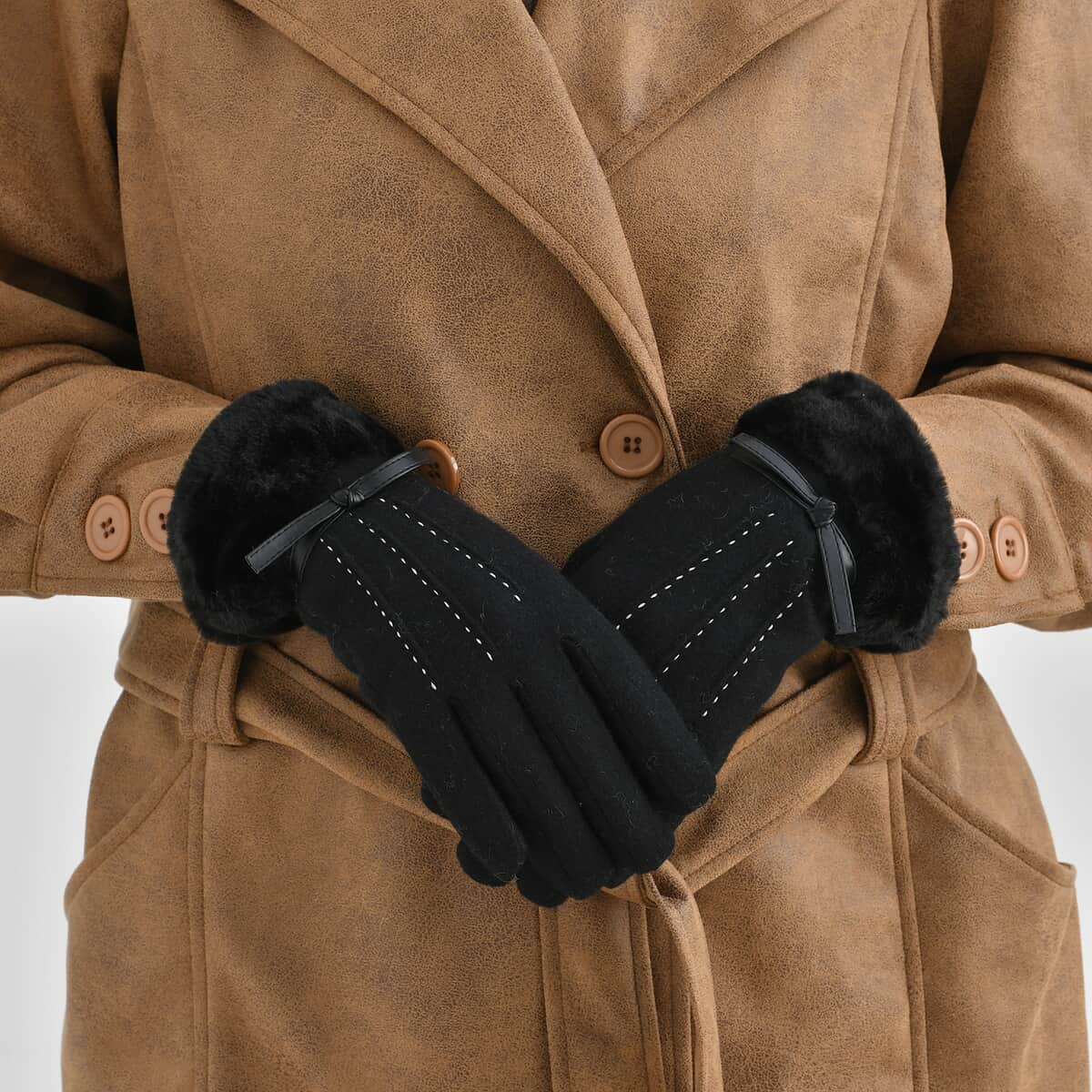 Black 70% Wool and 30% Polyster Winter Gloves with Faux Fur and Touch Screen Function (9"x3.93") image number 2