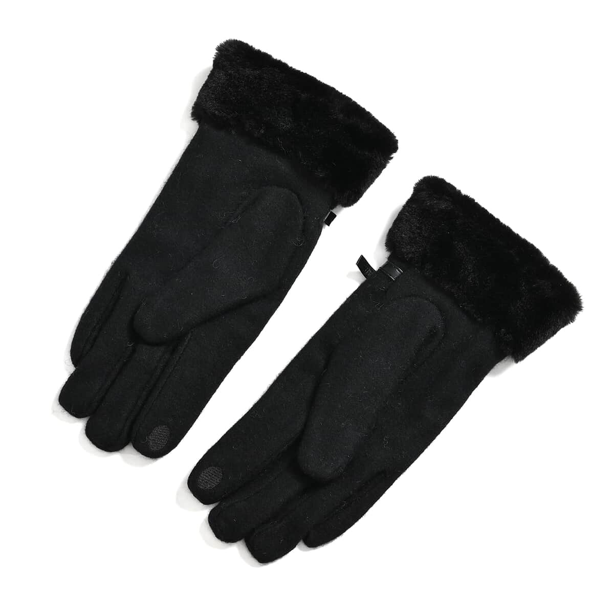 Black 70% Wool and 30% Polyster Winter Gloves with Faux Fur and Touch Screen Function (9"x3.93") image number 3