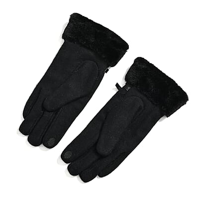 Black Cashmere Blend Gloves with Bow Detail, Fur Cuffs, and Touch Screen Function – One Size Fits Most
