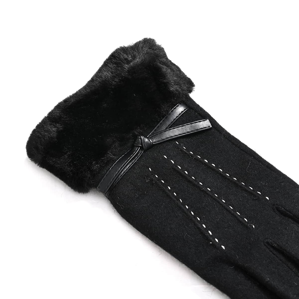 Black 70% Wool and 30% Polyster Winter Gloves with Faux Fur and Touch Screen Function image number 4