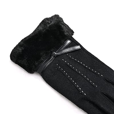 Black Cashmere Blend Gloves with Bow Detail, Fur Cuffs, and Touch Screen Function – One Size Fits Most