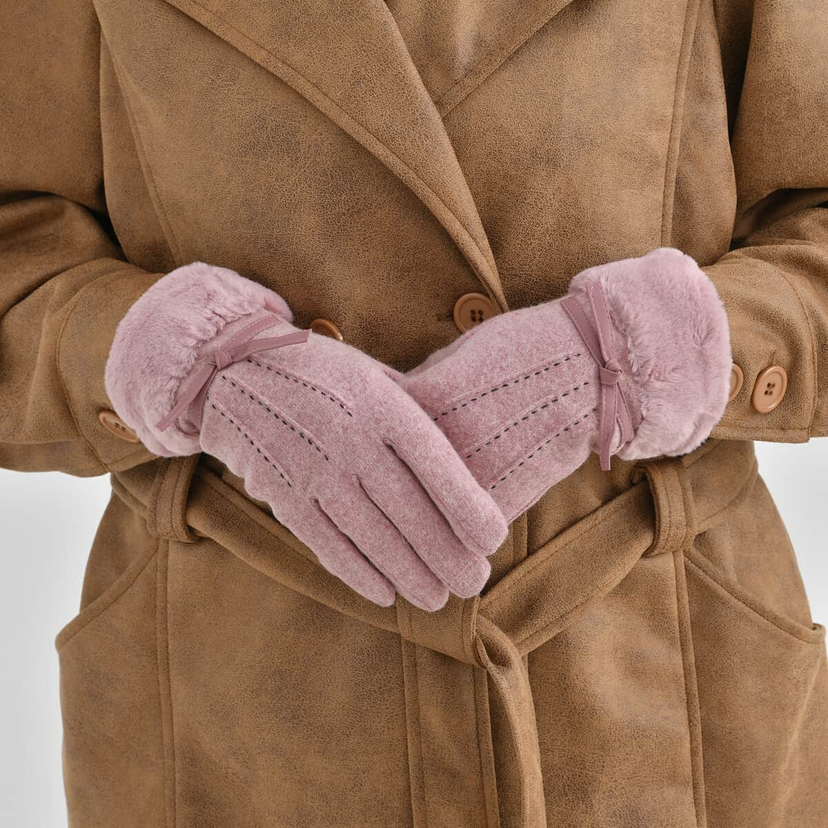 Pink 70% Wool and 30% Polyster Winter Gloves with Faux Fur and Touch Screen Function image number 2