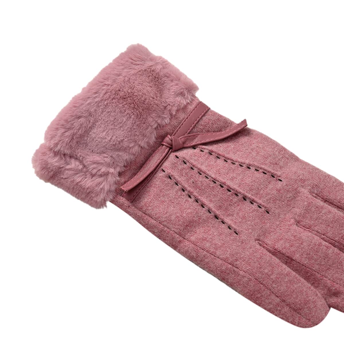 Pink 70% Wool and 30% Polyster Winter Gloves with Faux Fur and Touch Screen Function image number 4