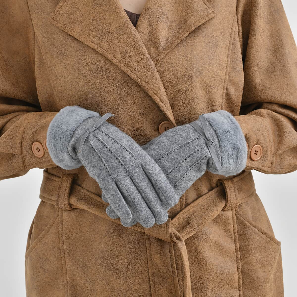 Gray 70% Wool and 30% Polyster Winter Gloves with Faux Fur and Touch Screen Function image number 2