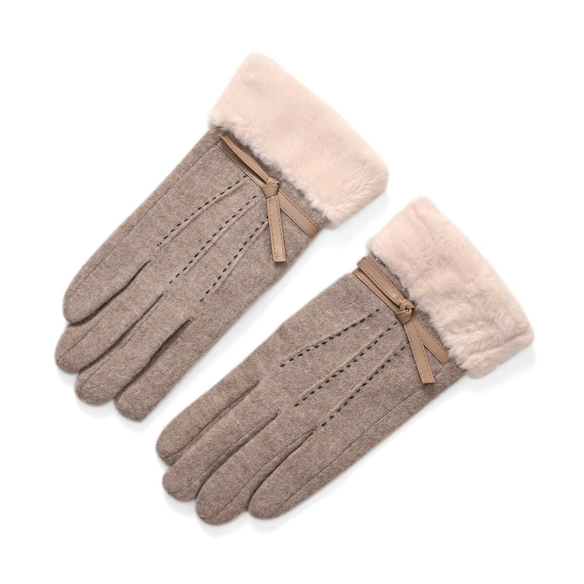 Khaki 70% Wool and 30% Polyster Winter Gloves with Faux Fur and Touch Screen Function image number 0