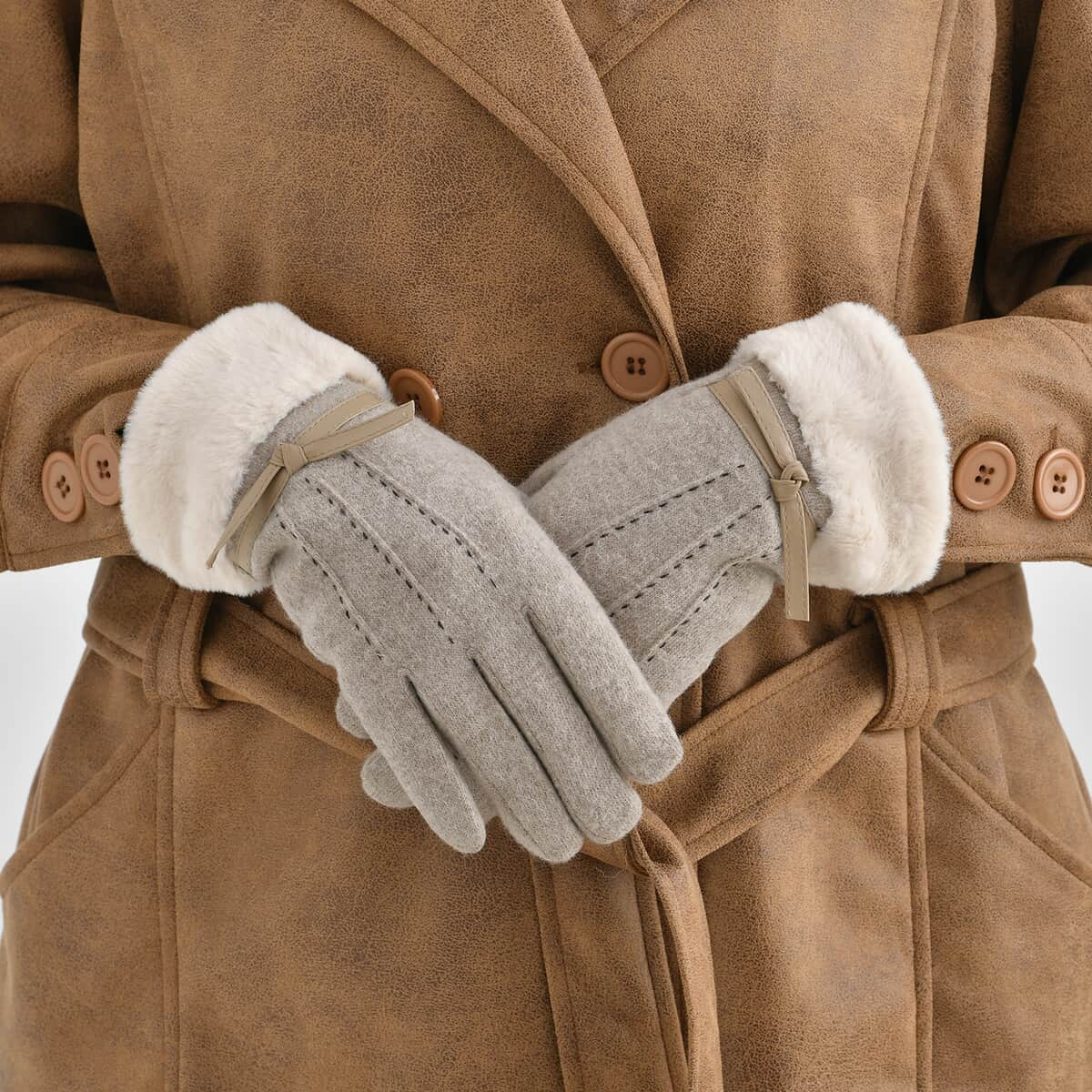 Khaki 70% Wool and 30% Polyster Winter Gloves with Faux Fur and Touch Screen Function image number 2