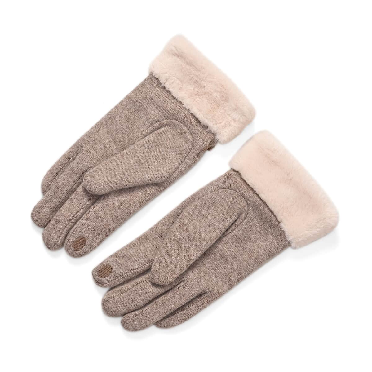 Khaki 70% Wool and 30% Polyster Winter Gloves with Faux Fur and Touch Screen Function image number 3