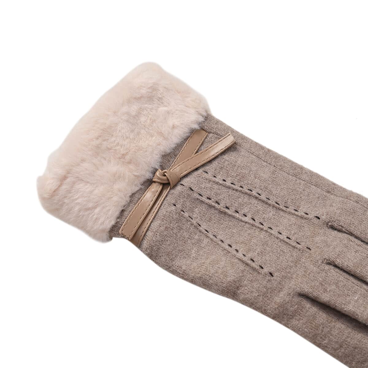 Khaki 70% Wool and 30% Polyster Winter Gloves with Faux Fur and Touch Screen Function image number 4