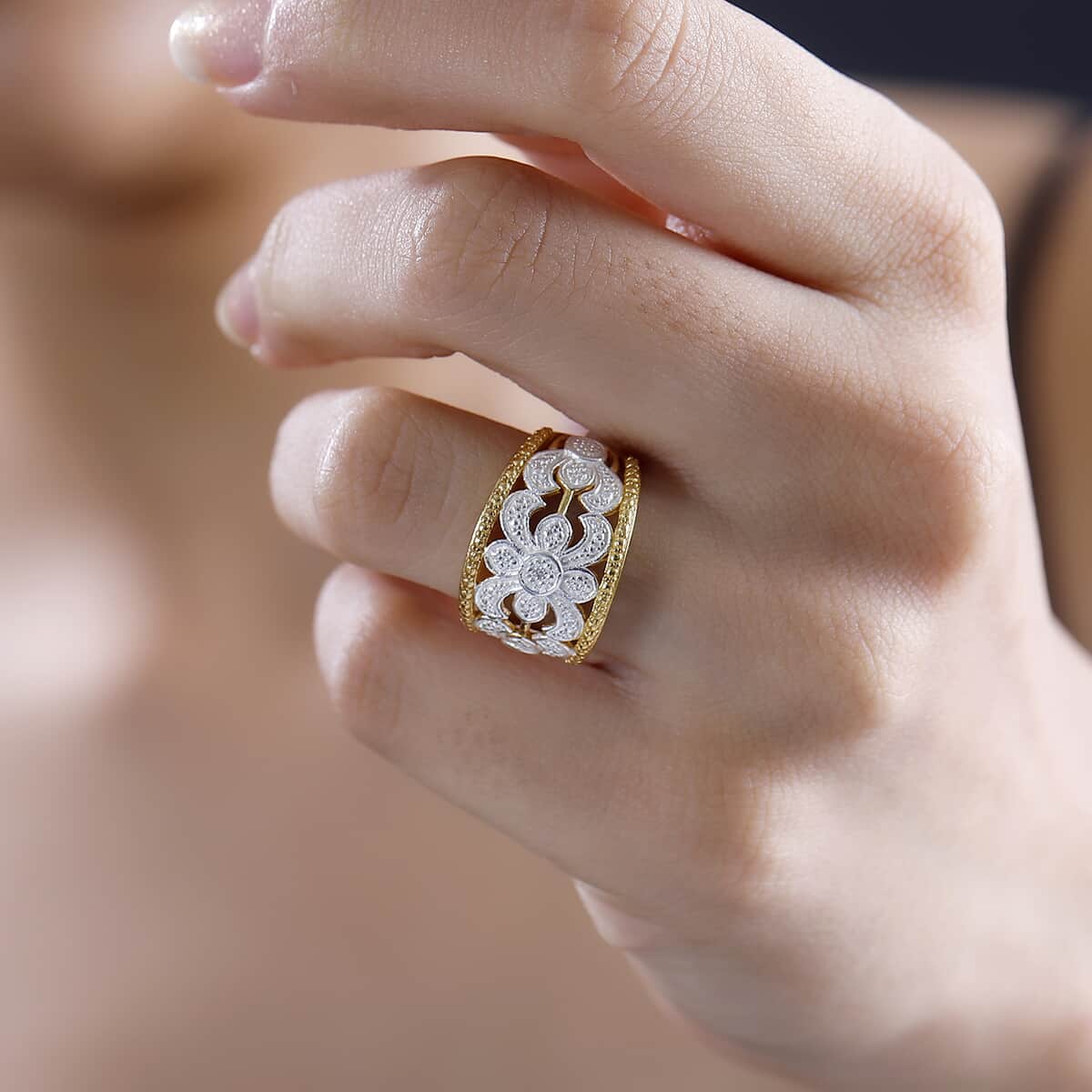 Karis White Diamond Accent Fancy Ring in 18K YG Plated and Platinum Bond (Size 7.0) image number 2