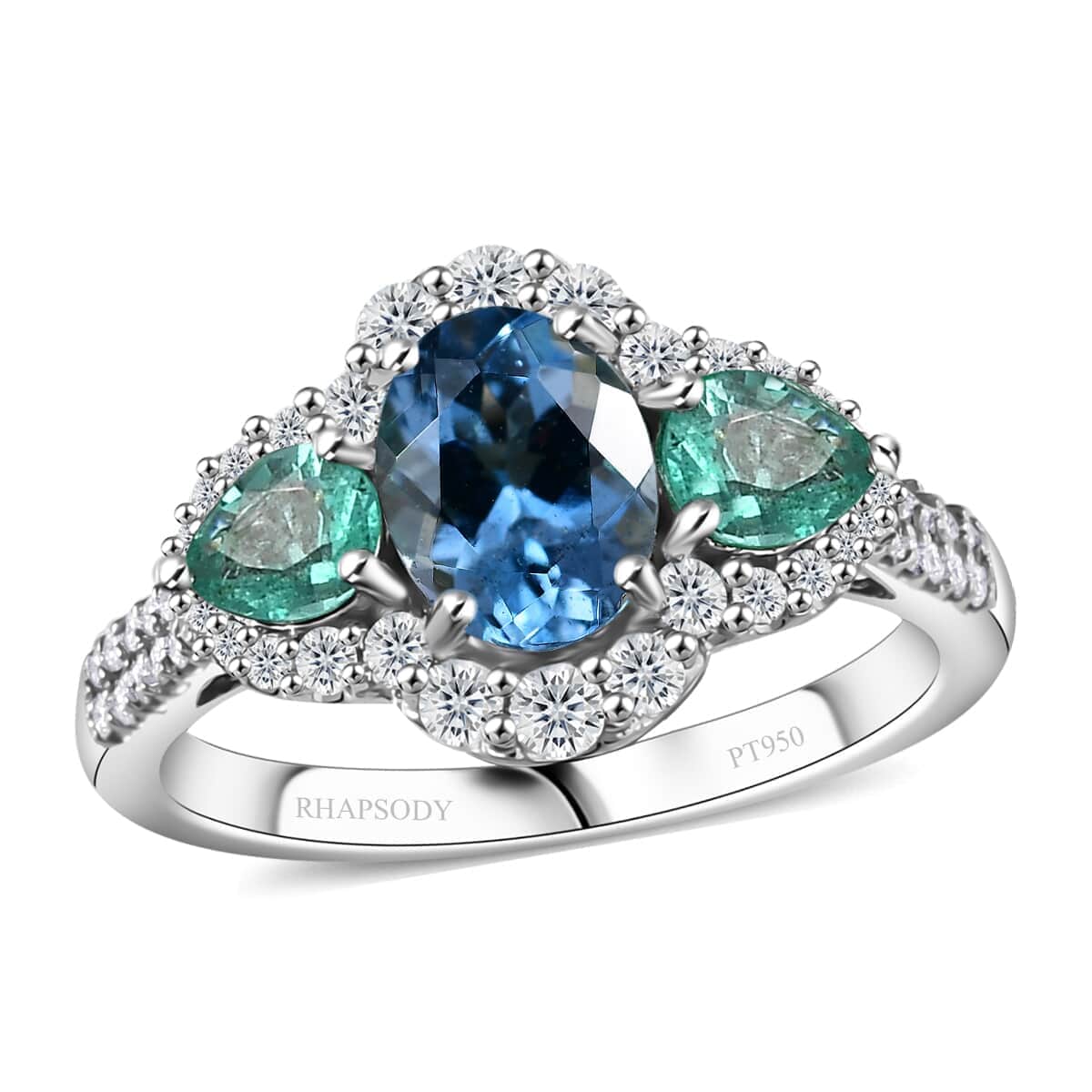 Certified & Appraised Rhapsody AAAA Santa Maria Aquamarine, Boyaca Colombian Emerald and E-F VS Diamond 2.00 ctw Ring in 950 Platinum (Size 10.0) 5.90 Grams image number 0