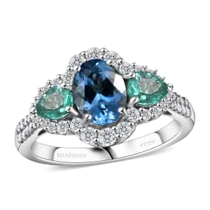 Certified & Appraised Rhapsody AAAA Santa Maria Aquamarine, Boyaca Colombian Emerald and E-F VS Diamond 2.00 ctw Ring in 950 Platinum (Size 10.0) 5.90 Grams