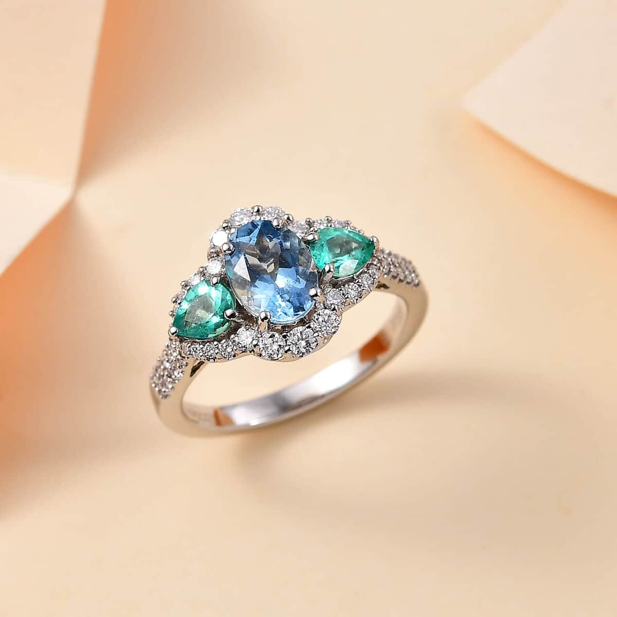 Certified & Appraised Rhapsody AAAA Santa Maria Aquamarine, Boyaca Colombian Emerald and E-F VS Diamond 2.00 ctw Ring in 950 Platinum (Size 10.0) 5.90 Grams image number 1