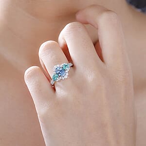 Certified & Appraised Rhapsody AAAA Santa Maria Aquamarine, Boyaca Colombian Emerald and E-F VS Diamond 2.00 ctw Ring in 950 Platinum (Size 10.0) 5.90 Grams