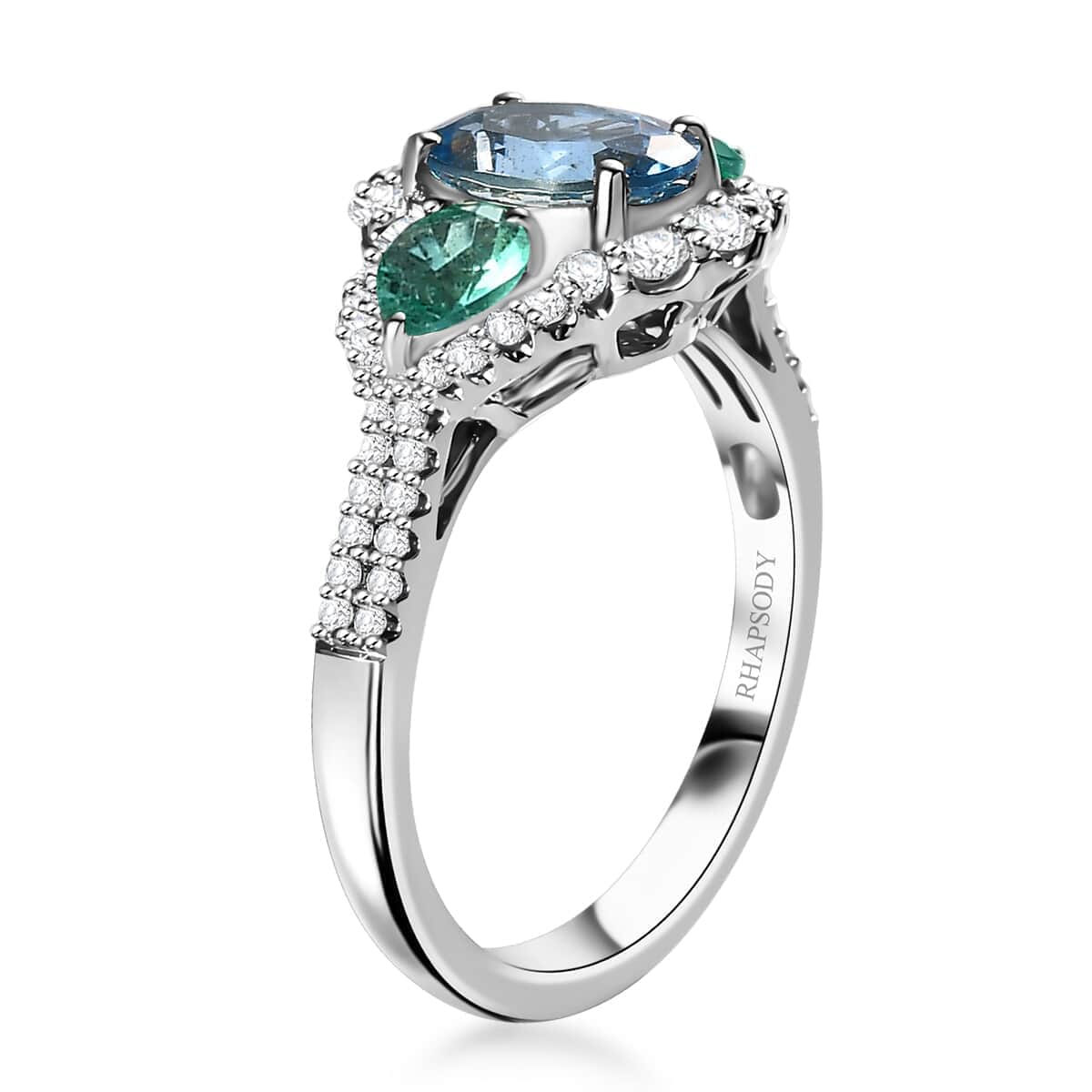 Certified & Appraised Rhapsody AAAA Santa Maria Aquamarine, Boyaca Colombian Emerald and E-F VS Diamond 2.00 ctw Ring in 950 Platinum (Size 10.0) 5.90 Grams image number 3