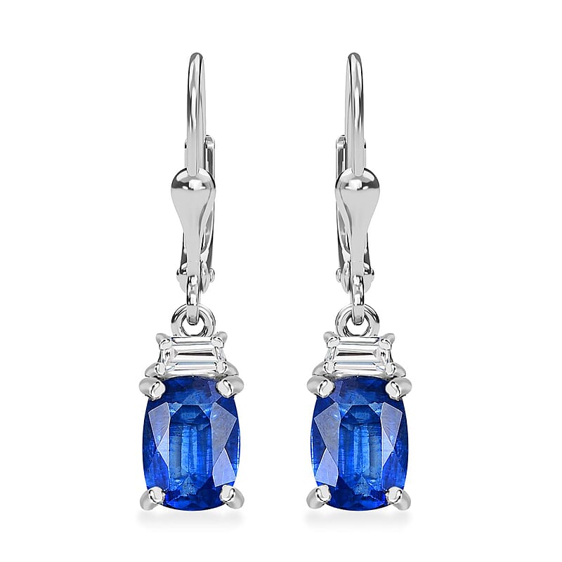 D'Joy Kashmir kyanite and White Zircon 2.60 ctw Lever Back Earrings in Rhodium Over Sterling Silver