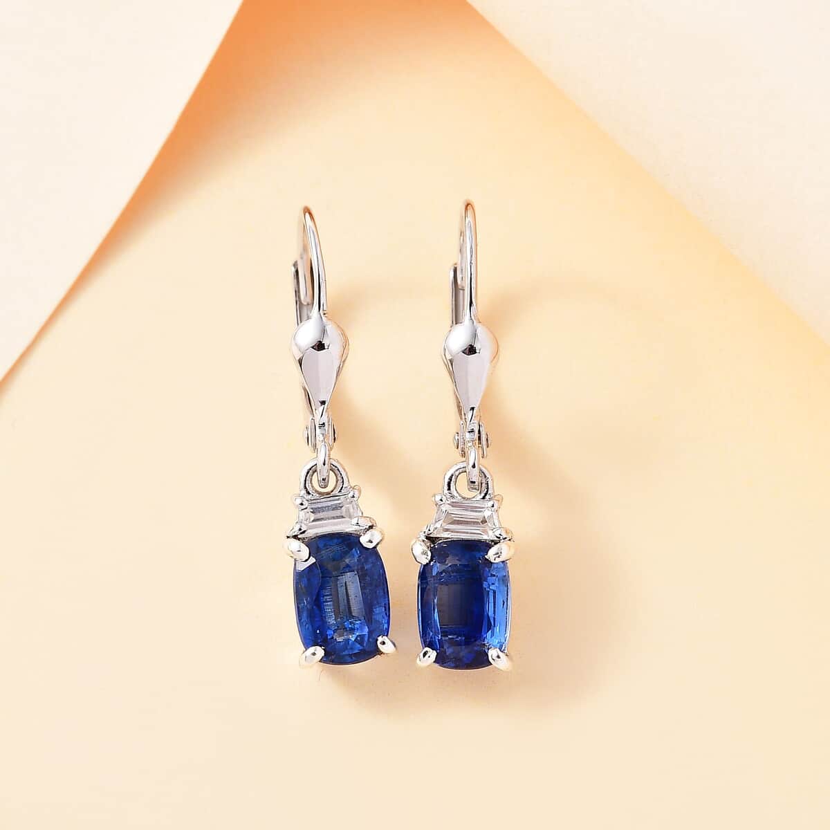 Kashmir kyanite and White Zircon 3.00 ctw Lever Back Earrings in Rhodium Over Sterling Silver image number 1