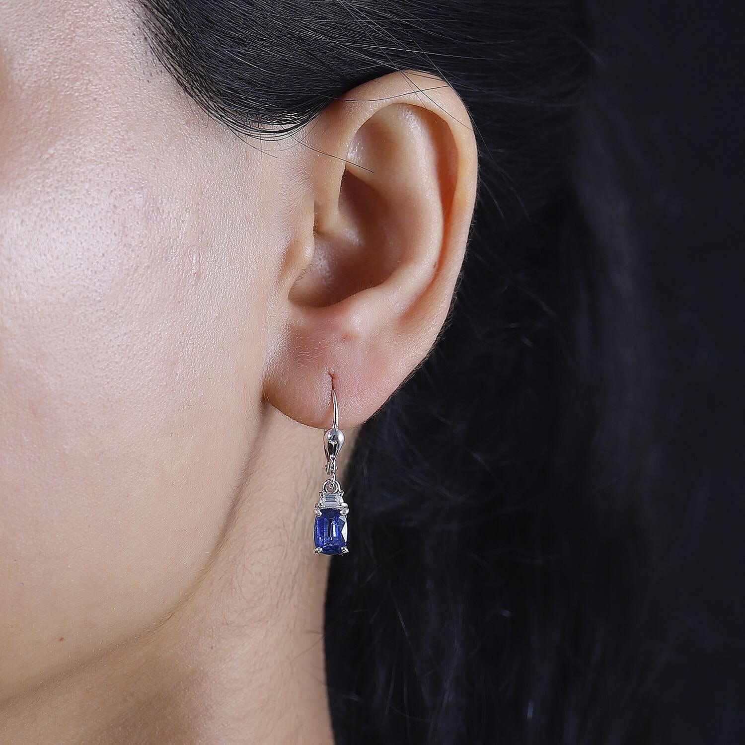 D'Joy Kashmir kyanite and White Zircon 2.60 ctw Lever Back Earrings in Rhodium Over Sterling Silver