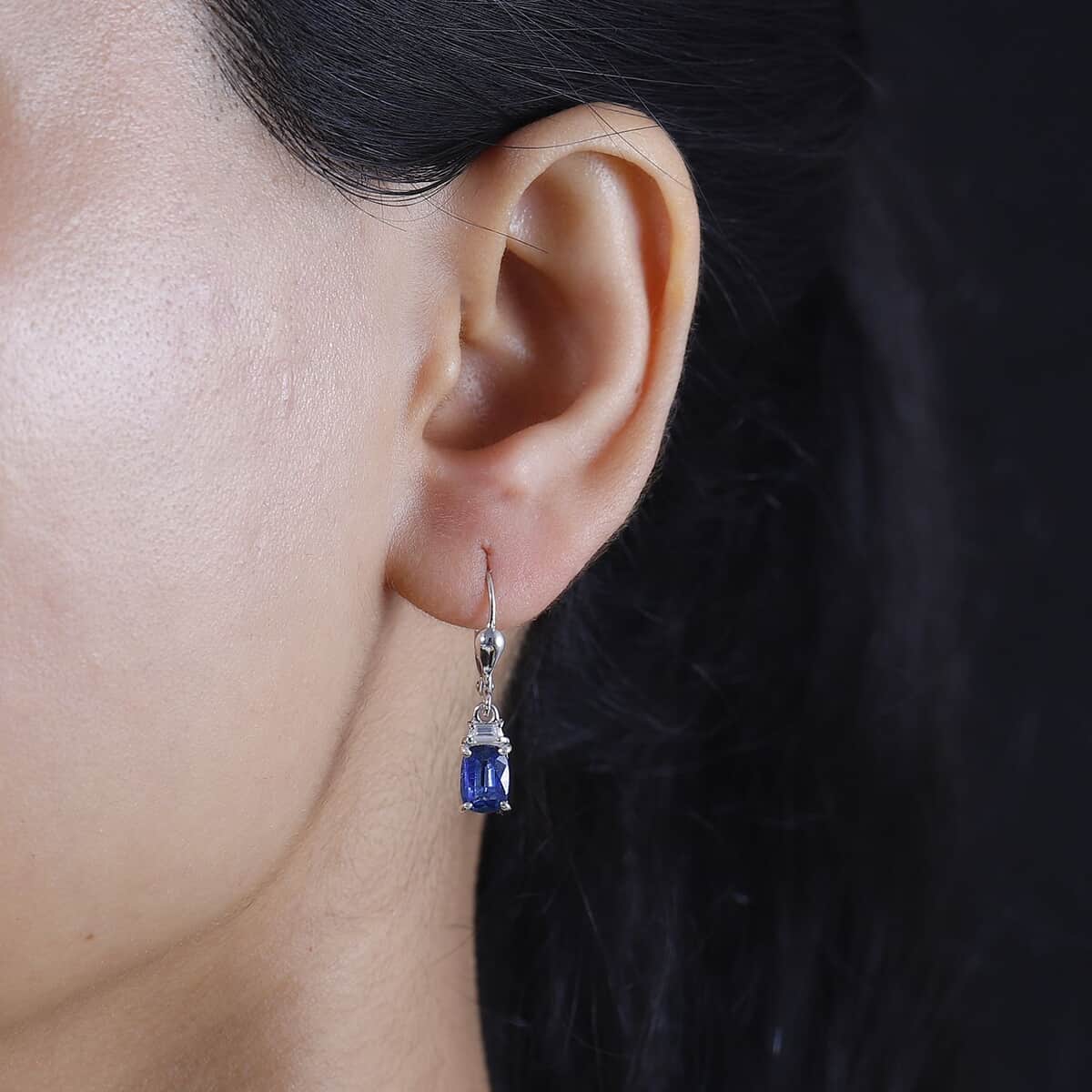 Kashmir kyanite and White Zircon 3.00 ctw Lever Back Earrings in Rhodium Over Sterling Silver image number 2