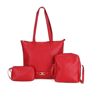 Set of 3 Bags, Red Faux Leather Tote Bag, Crossbody Bag and Wrist Bag
