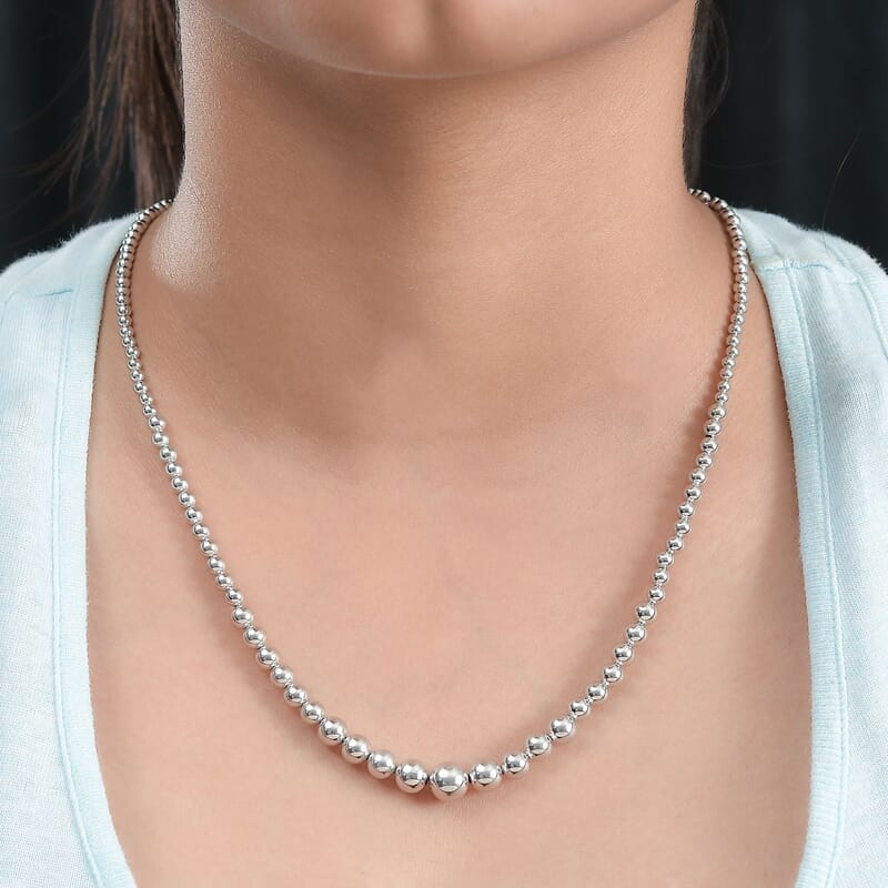Artisan Crafted Graduated Beaded Necklace in Platinum Over Sterling Silver 17.85 Grams 20 Inches