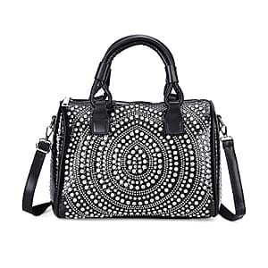Black Faux Leather Crocodile Embossed Rhinestone Crossbody Bag with Shoulder Strap
