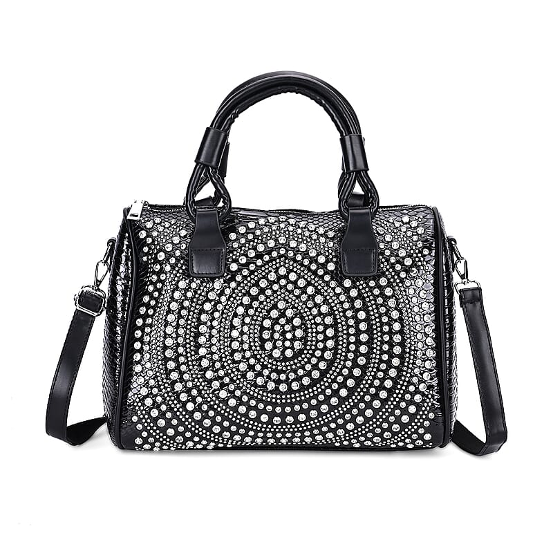 Black Faux Leather Crocodile Embossed Rhinestone Crossbody Bag with Shoulder Strap