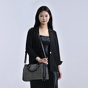 Black Faux Leather Crocodile Embossed Rhinestone Crossbody Bag with Shoulder Strap
