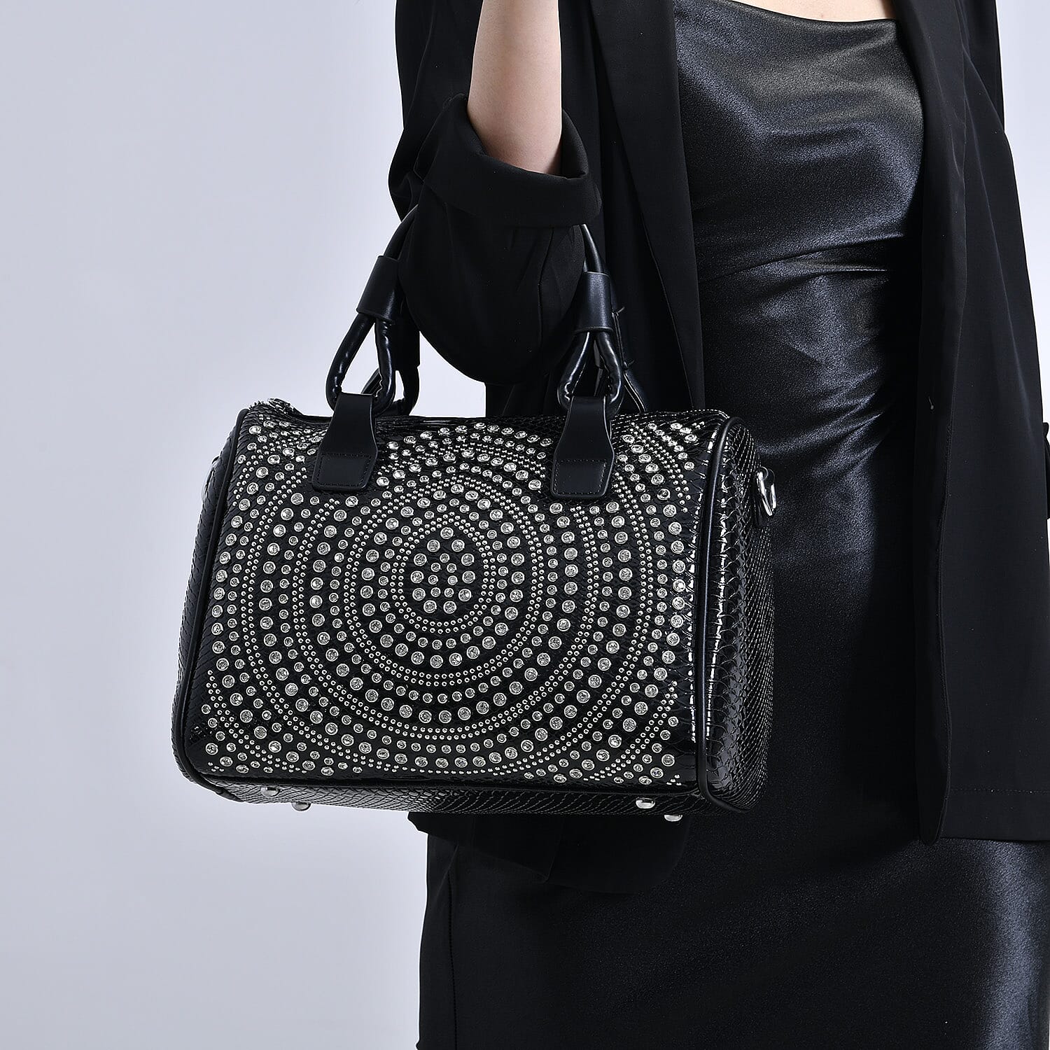 Black Faux Leather Crocodile Embossed Rhinestone Crossbody Bag with Shoulder Strap