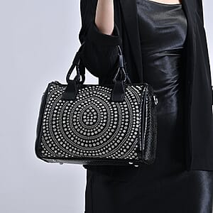Black Faux Leather Crocodile Embossed Rhinestone Crossbody Bag with Shoulder Strap