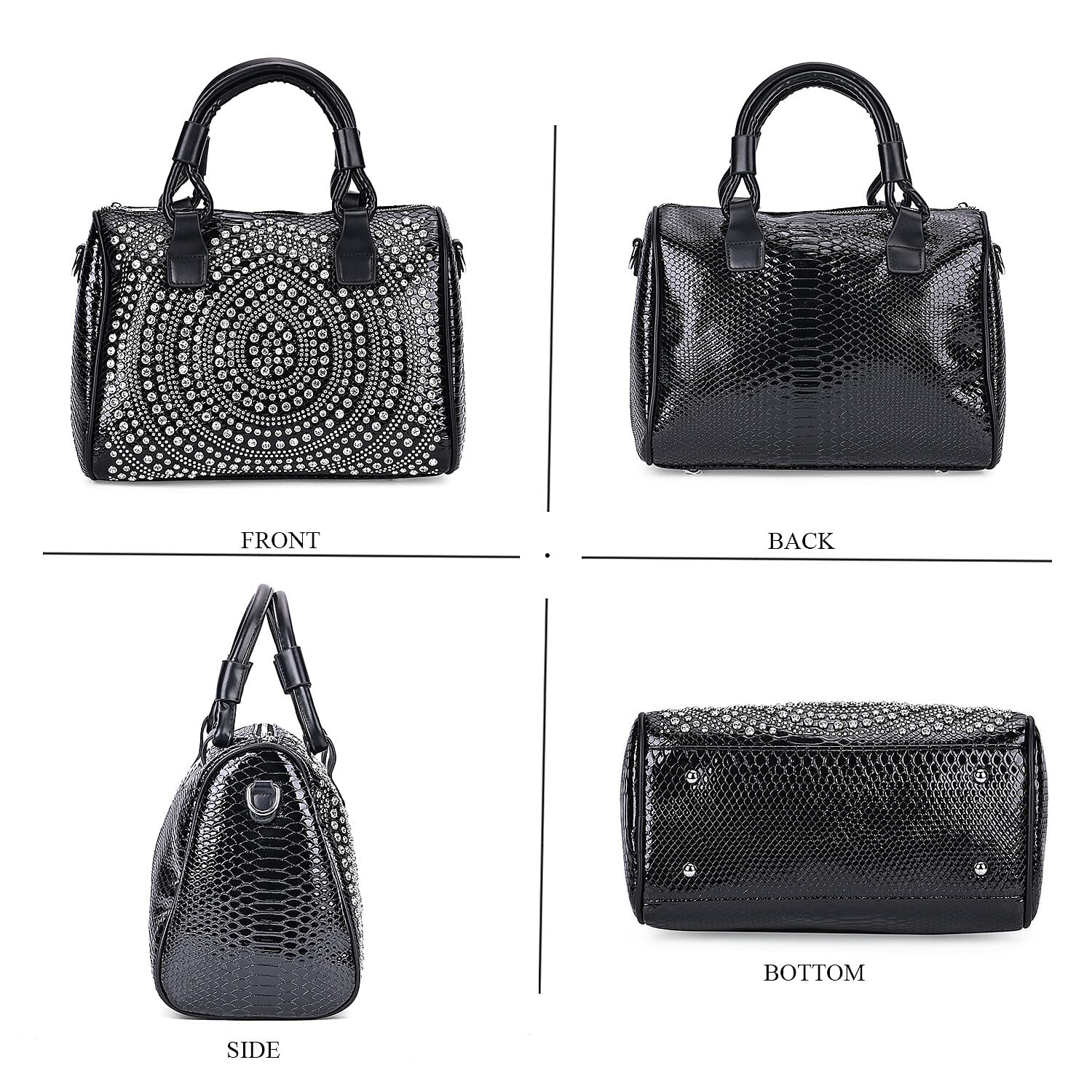 Black Faux Leather Crocodile Embossed Rhinestone Crossbody Bag with Shoulder Strap