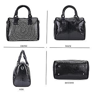 Black Faux Leather Crocodile Embossed Rhinestone Crossbody Bag with Shoulder Strap