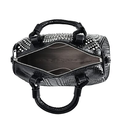 Black Faux Leather Crocodile Embossed Rhinestone Crossbody Bag with Shoulder Strap