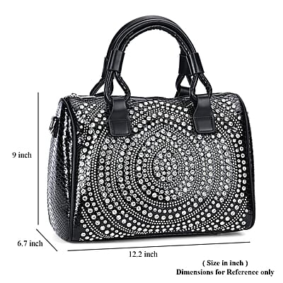 Black Faux Leather Crocodile Embossed Rhinestone Crossbody Bag with Shoulder Strap