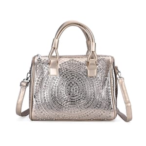 Golden Faux Leather Crocodile Embossed Rhinestone Crossbody Bag with Shoulder Strap