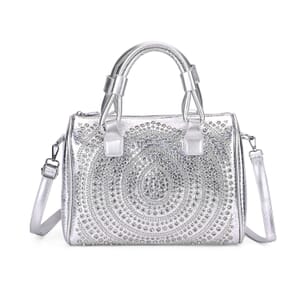 Silver Faux Leather Crocodile Embossed Rhinestone Crossbody Bag with Shoulder Strap