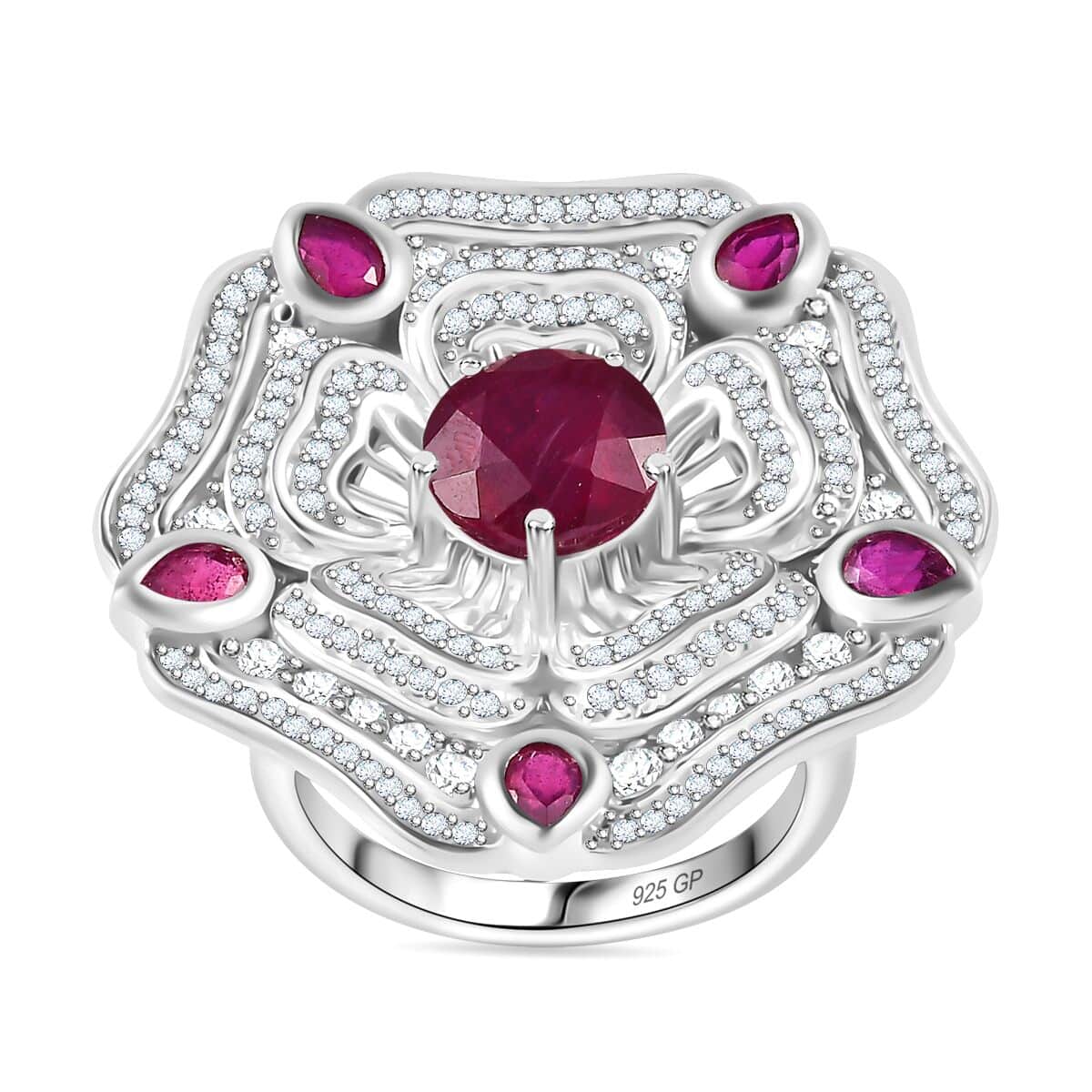 GP Italian Garden Collection Niassa Ruby (FF) and White Zircon 7.40 ctw Ring in Rhodium Over Sterling Silver (Size 10.0) image number 0