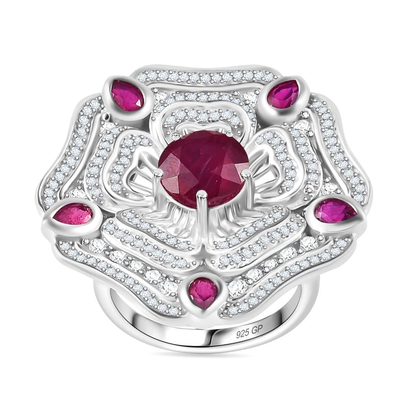 GP Italian Garden Collection Niassa Ruby (FF) and White Zircon 7.40 ctw Ring in Rhodium Over Sterling Silver (Size 10.0)