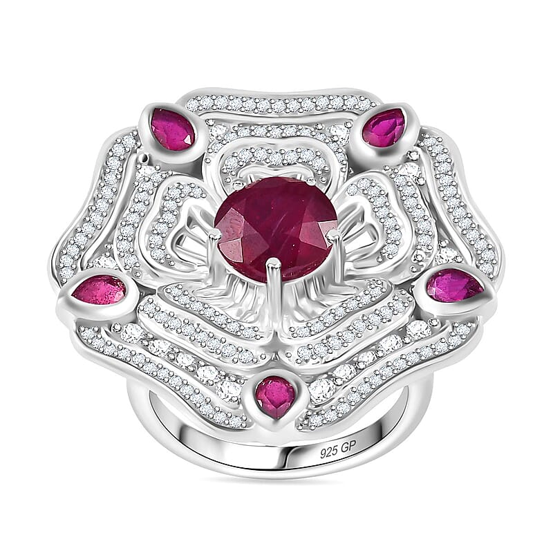 GP Italian Garden Collection Niassa Ruby (FF) and White Zircon 7.40 ctw Ring in Rhodium Over Sterling Silver (Size 10.0)
