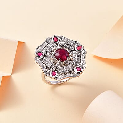 GP Italian Garden Collection Niassa Ruby (FF) and White Zircon 7.40 ctw Ring in Rhodium Over Sterling Silver (Size 10.0)