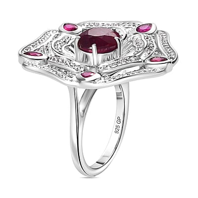 GP Italian Garden Collection Niassa Ruby (FF) and White Zircon 7.40 ctw Ring in Rhodium Over Sterling Silver (Size 10.0)