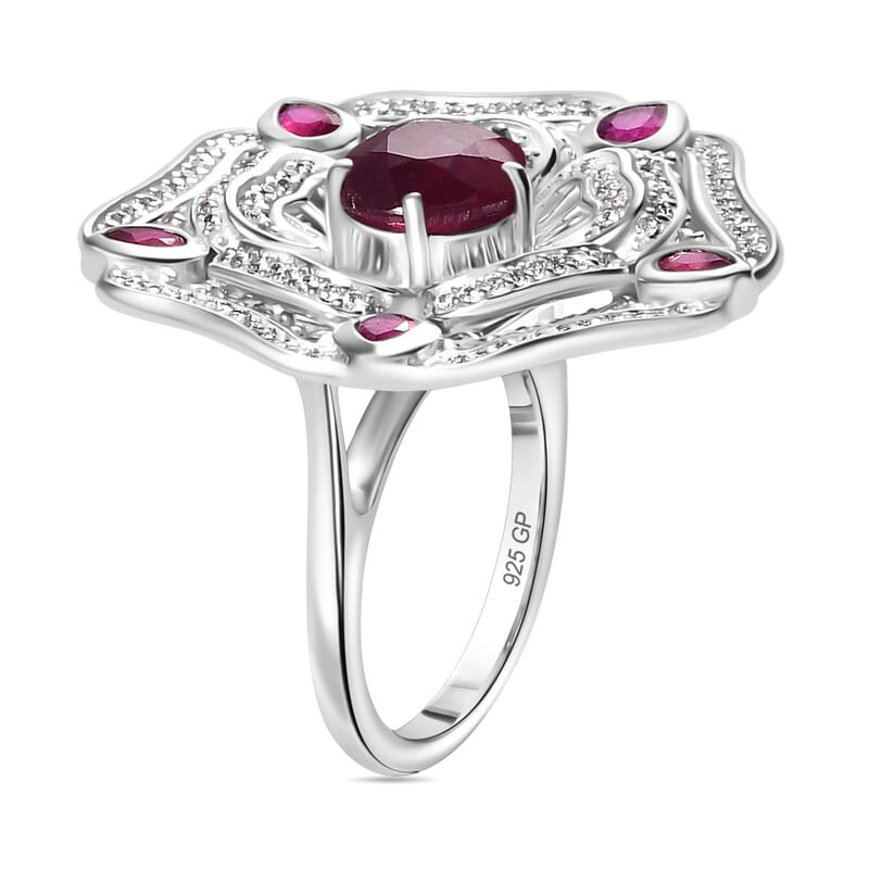 GP Italian Garden Collection Niassa Ruby (FF) and White Zircon 7.40 ctw Ring in Rhodium Over Sterling Silver (Size 10.0)