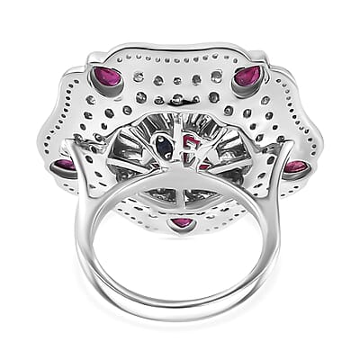 GP Italian Garden Collection Niassa Ruby (FF) and White Zircon 7.40 ctw Ring in Rhodium Over Sterling Silver (Size 10.0)