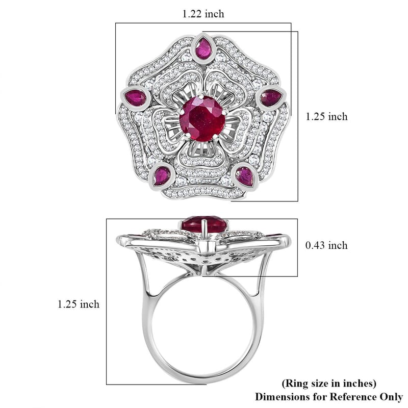 GP Italian Garden Collection Niassa Ruby (FF) and White Zircon 7.40 ctw Ring in Rhodium Over Sterling Silver (Size 10.0)