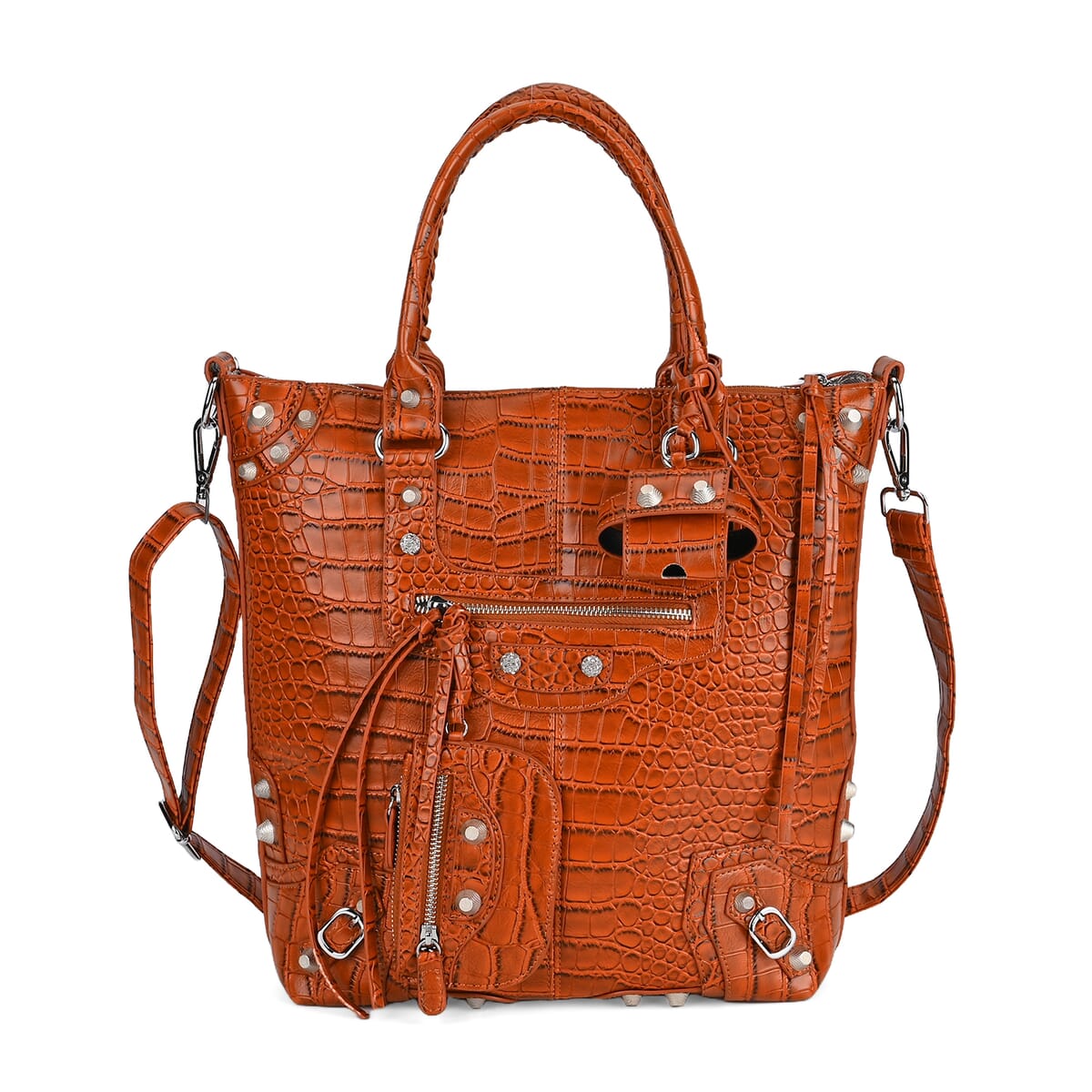 Brown Crocodile Embossed Faux Leather Crossbody Bag with Long Shoulder Strap image number 0