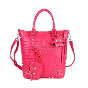 Rose Pink Crocodile Embossed Faux Leather Crossbody Bag with Long Shoulder Strap