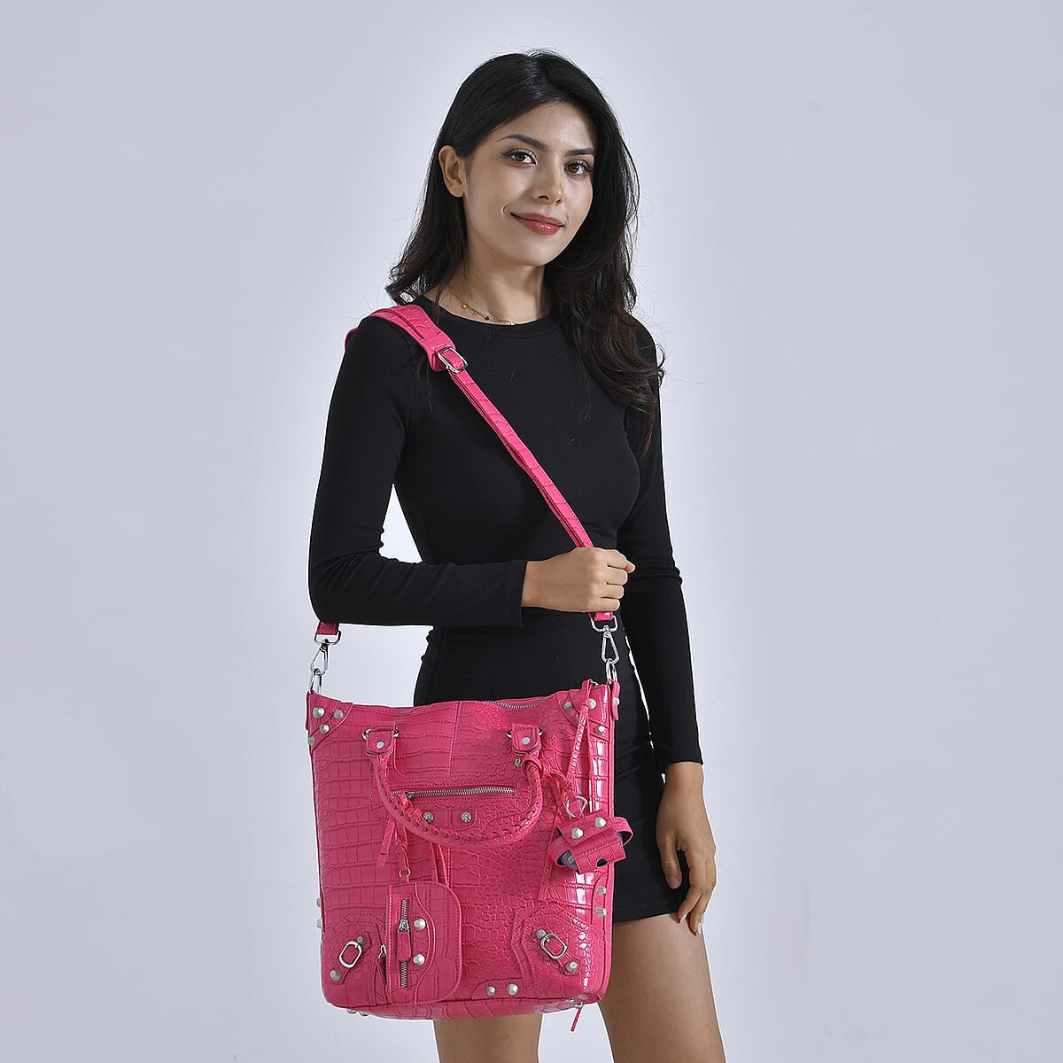 Rose Pink Crocodile Embossed Faux Leather Crossbody Bag with Long Shoulder Strap image number 1