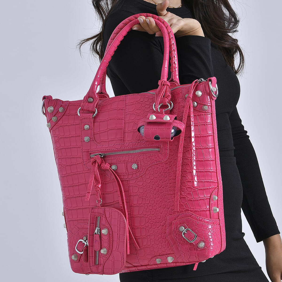 Rose Pink Crocodile Embossed Faux Leather Crossbody Bag with Long Shoulder Strap image number 2